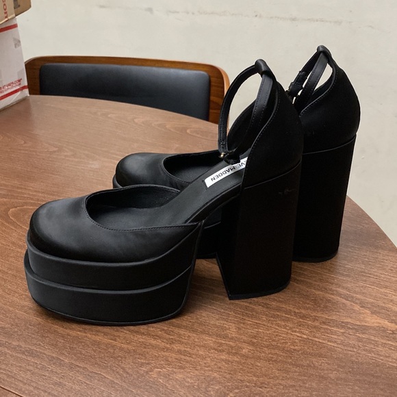 Steve Madden Charlize Satin Platform Heels with Ankle Strap in Black - Picture 6 of 11